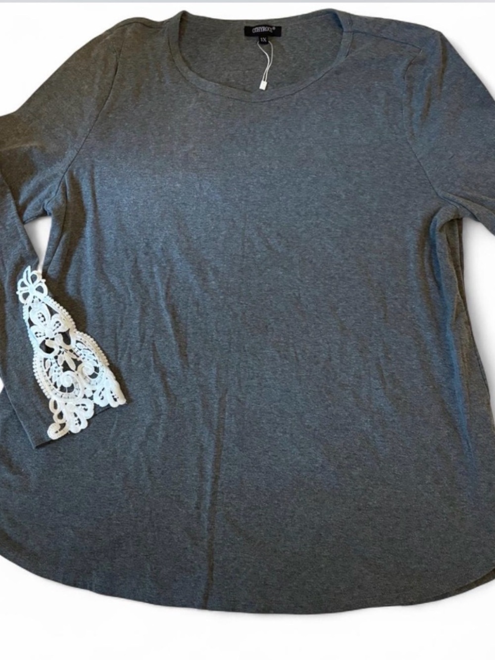 Christopher & Banks Charcoal Gray Top with White Lace Cuff